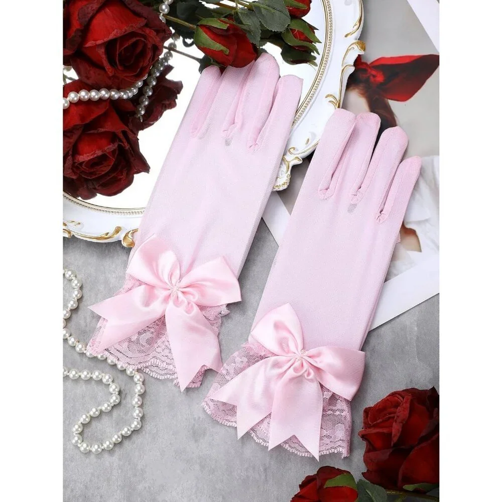 Women's Evening Pink Elegant Short Lace Bow Gloves Party Wedding Accessories